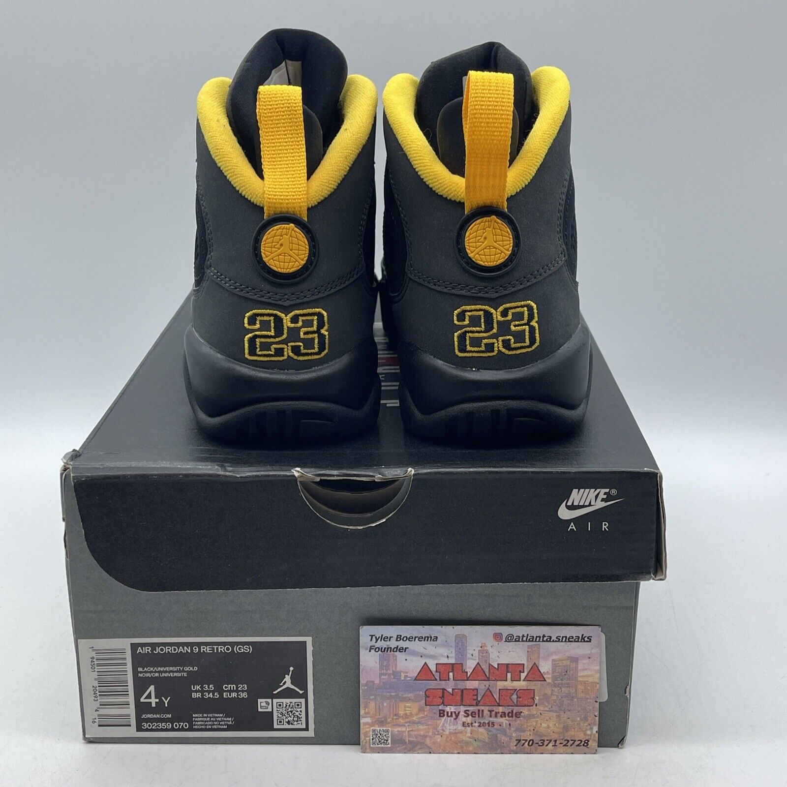 Size 4Y(GS) - Jordan 9 Retro Mid Dark Charcoal University Gold (302359-070)