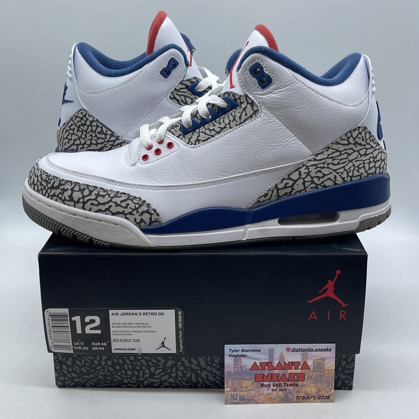 Size 12 - Jordan 3 Retro OG Mid True Blue White Red Grey Leather (854262-106)