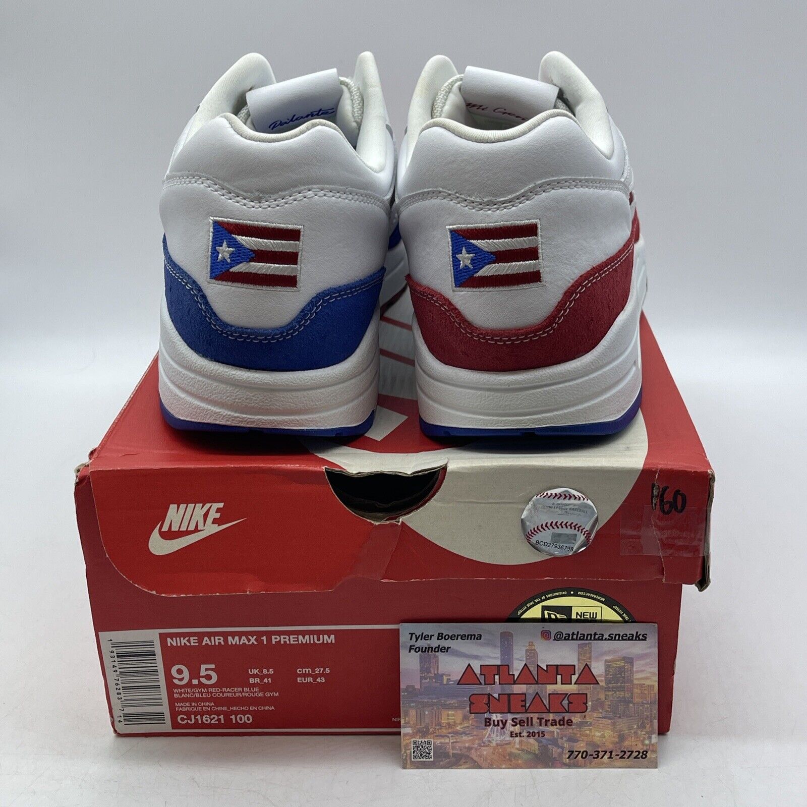 Size 9.5 - Nike Air Max 1 Premium Puerto Rico White Red Blue (CJ1621-100)