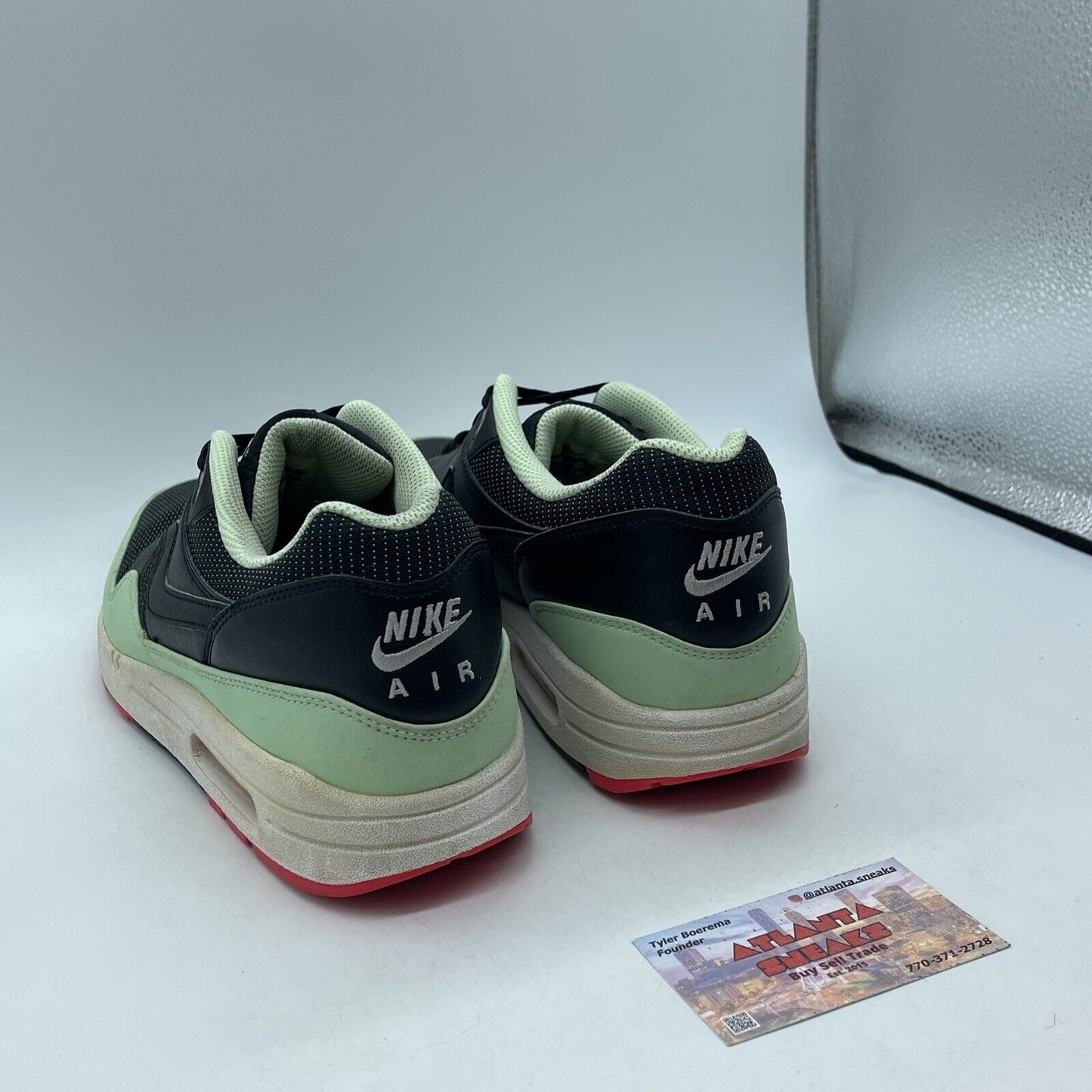 Size 11 - Nike Air Max 1 FB Yeezy Black Leather Green Suede White (579920-066)
