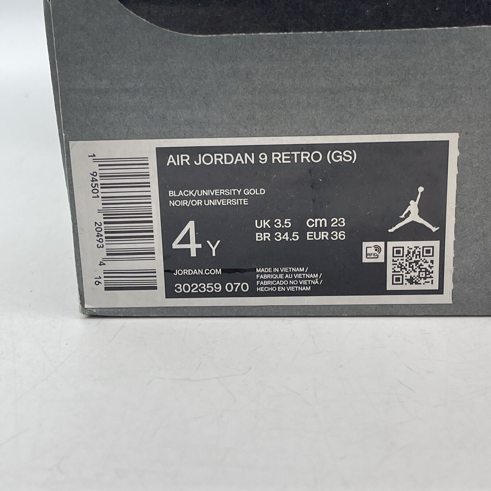 Size 4Y(GS) - Jordan 9 Retro Mid Dark Charcoal University Gold (302359-070)