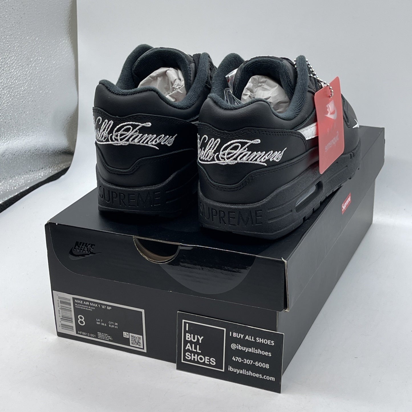 Size 8 - Nike Supreme x Air Max 1 '87 SP Black White Leather (HF8813-001)