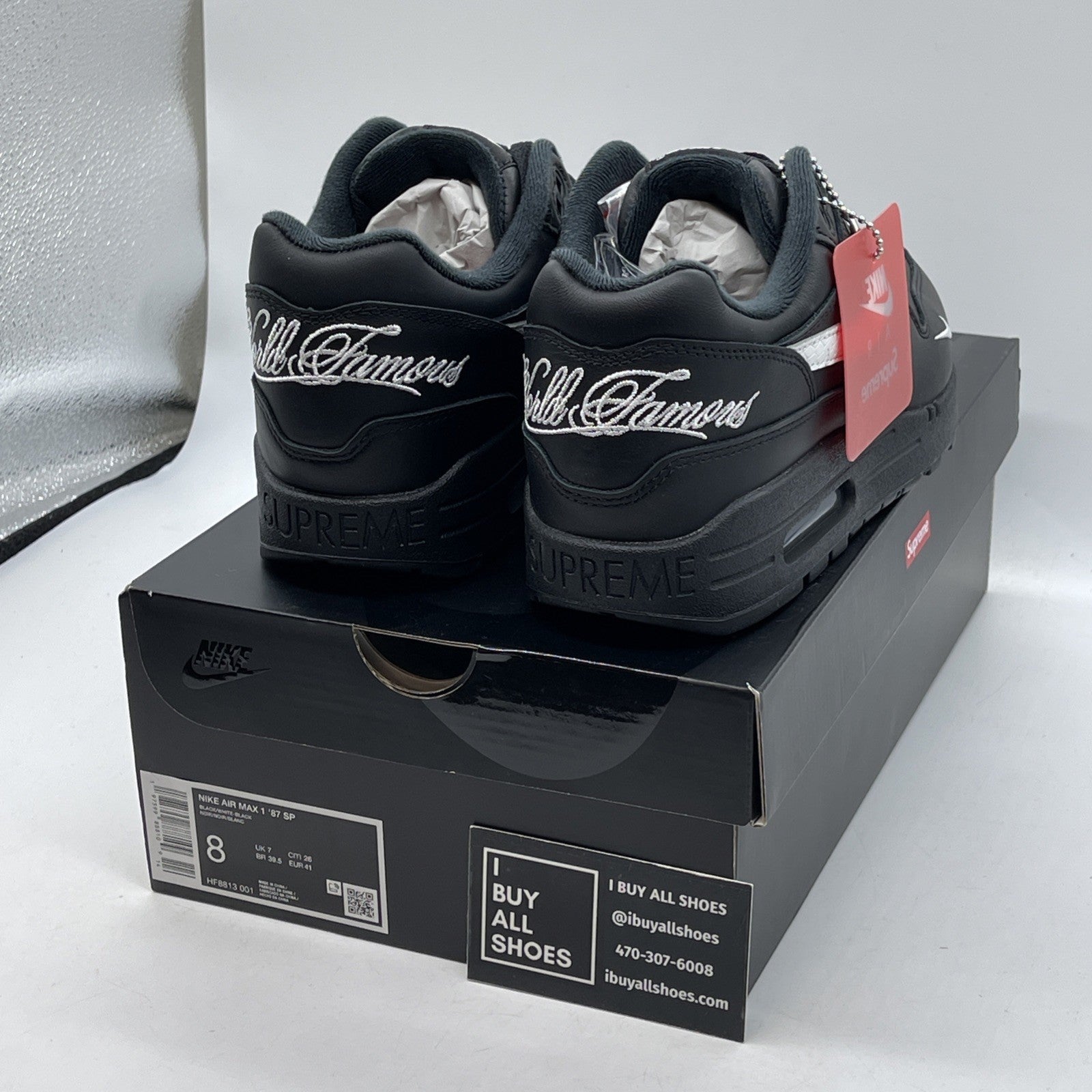 Size 8 - Nike Supreme x Air Max 1 '87 SP Black White Leather (HF8813-001)
