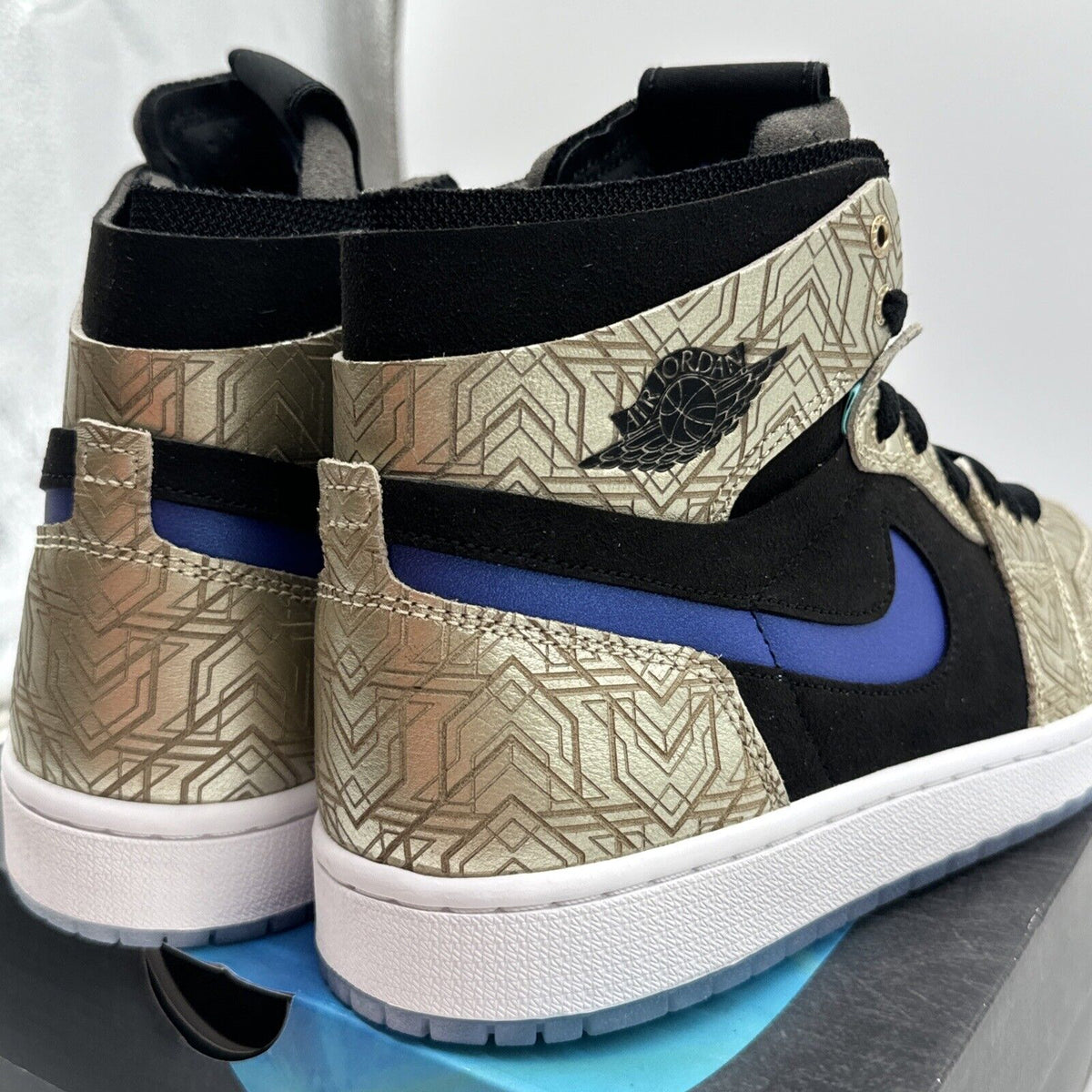 Size 9 - Jordan 1 Zoom Comfort Gold Laser 2021 Blue Black Suede Icy Soles New OG