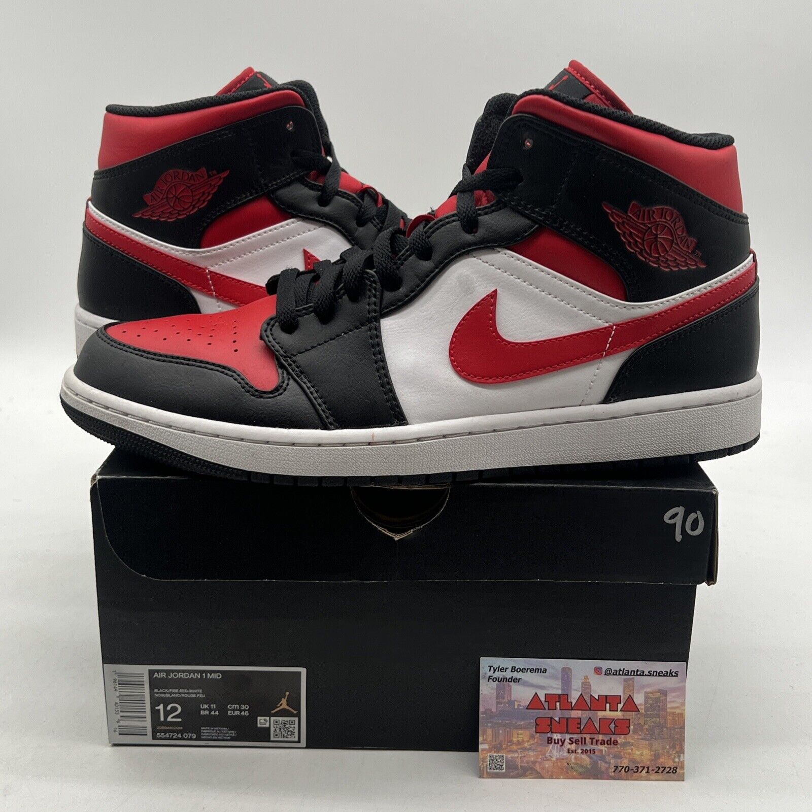 Size 12 - Jordan 1 Mid Bred Toe Black White Red Leather (554724-079)