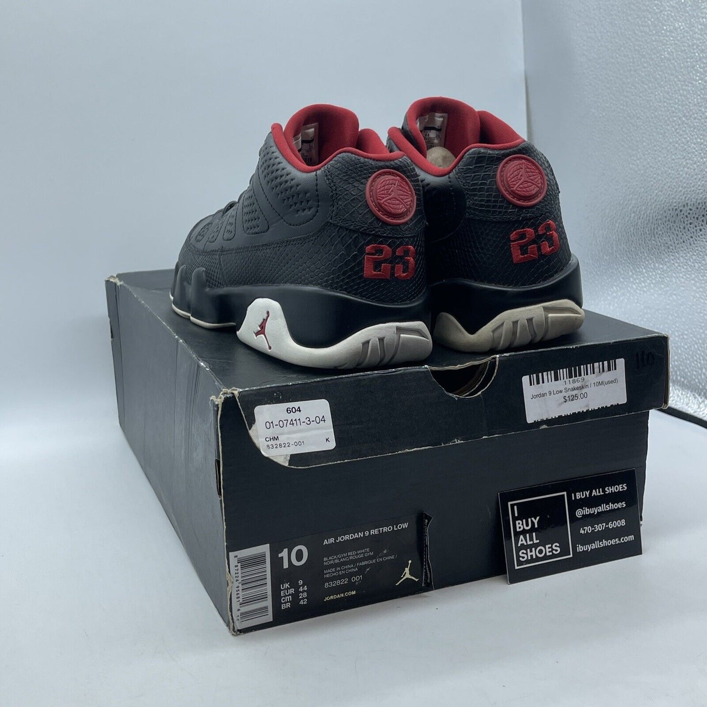 Size 10 - Air Jordan 9 Retro Low Snakeskin  Black Red Leather (832822-001)