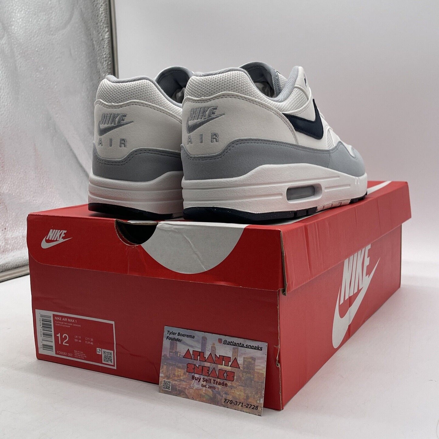 Size 12 - Nike Air Max 1 Pure Platinum Dark Obsidian White Suede (FD9082-002)