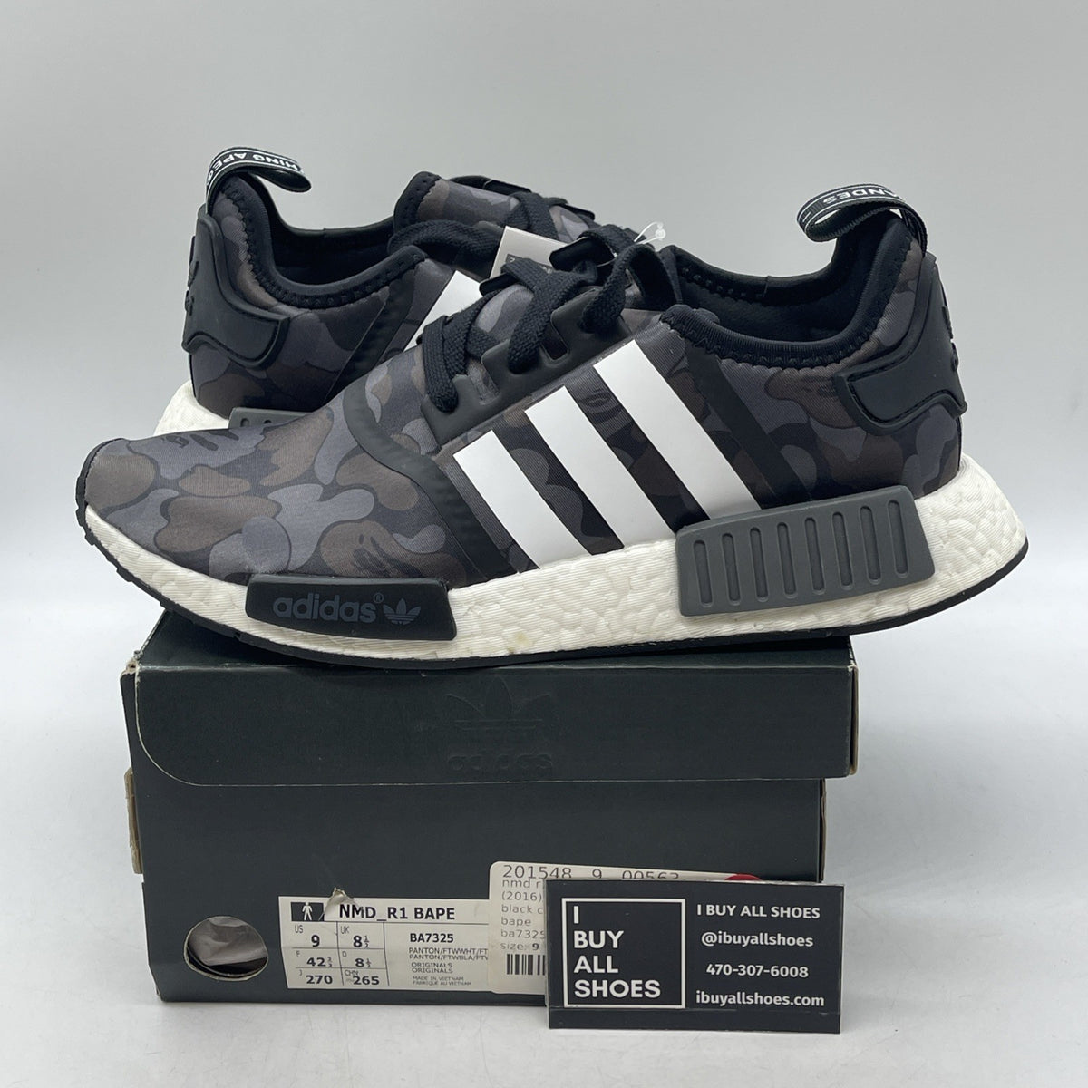 Size 9 - A Bathing Ape x Adidas NMD_R1 Black Camo (BA7325)