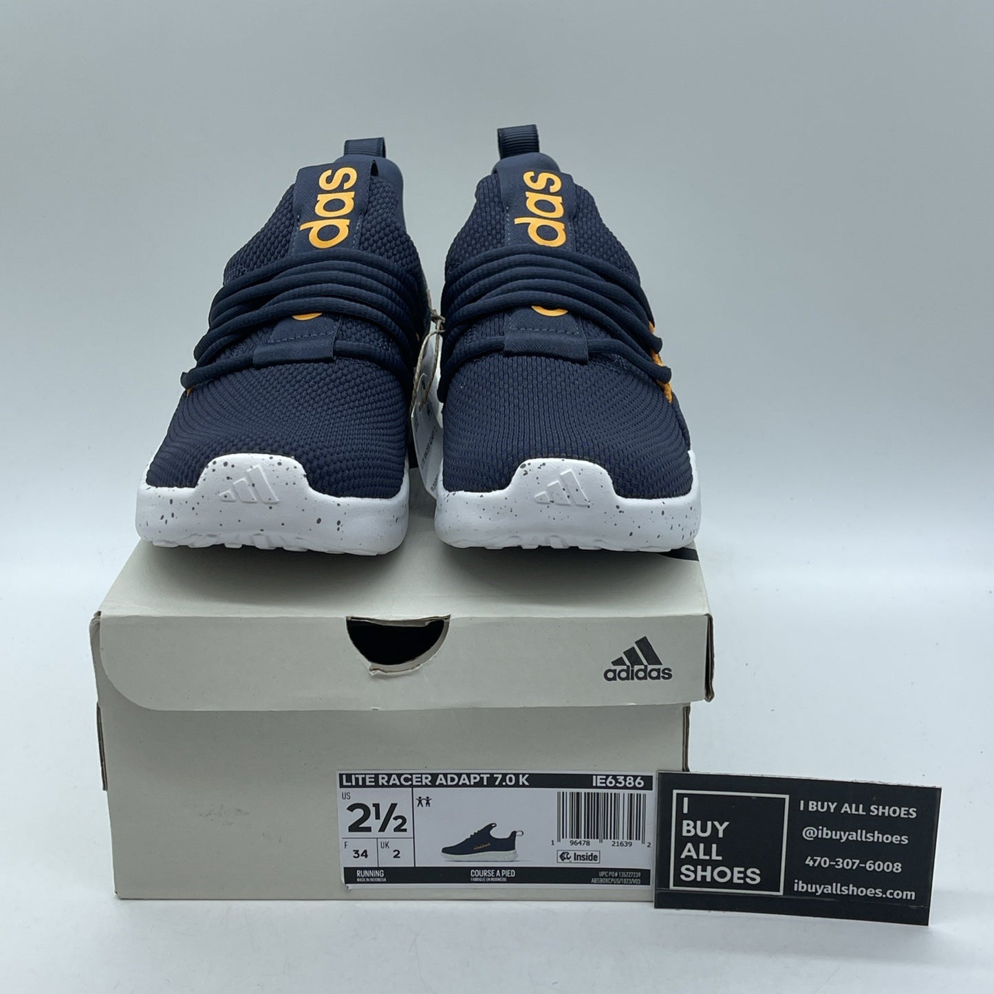 Size 2.5Y - Adidas Boys Lite Racer Adapt 7.0 Blue Yellow Suede (IE6386)