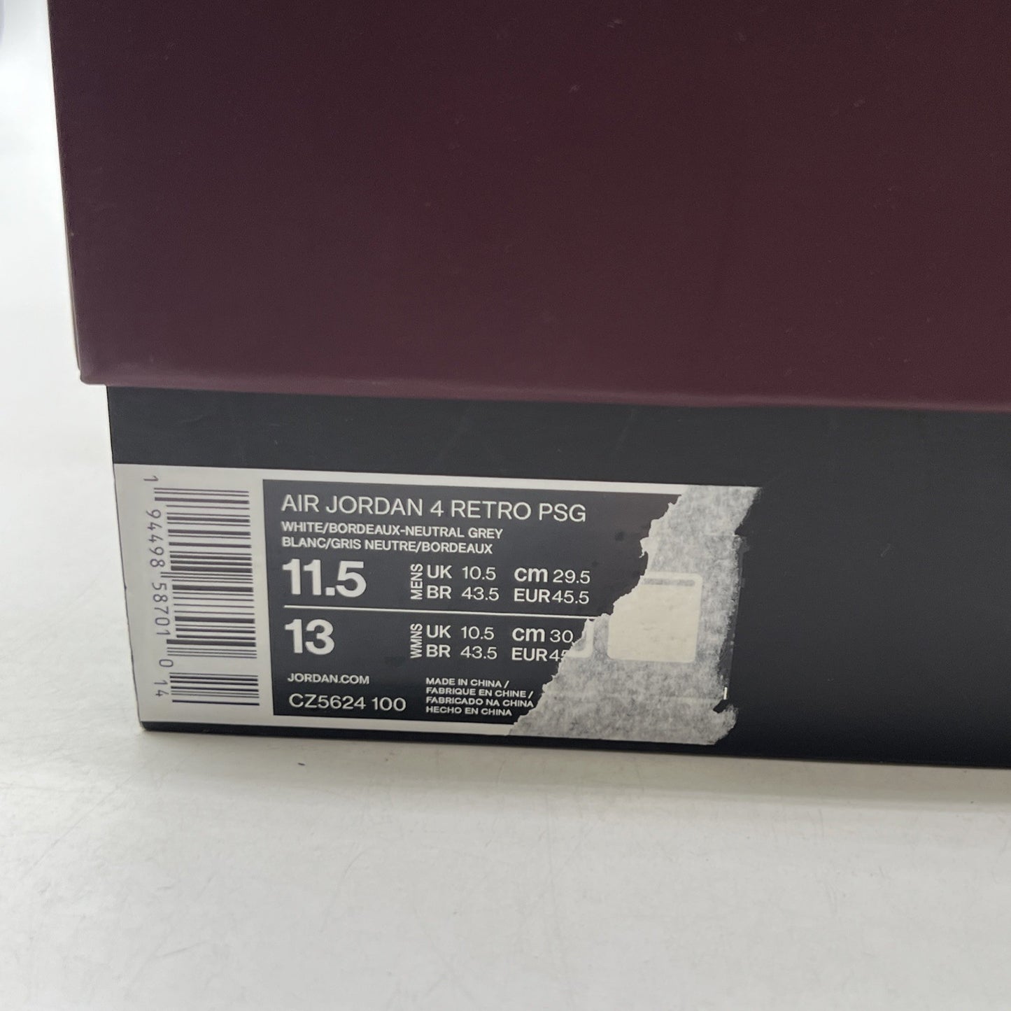 Size 11.5 - Air Jordan 4 Retro x Paris Saint-Germain Bordeaux (CZ5624-100)