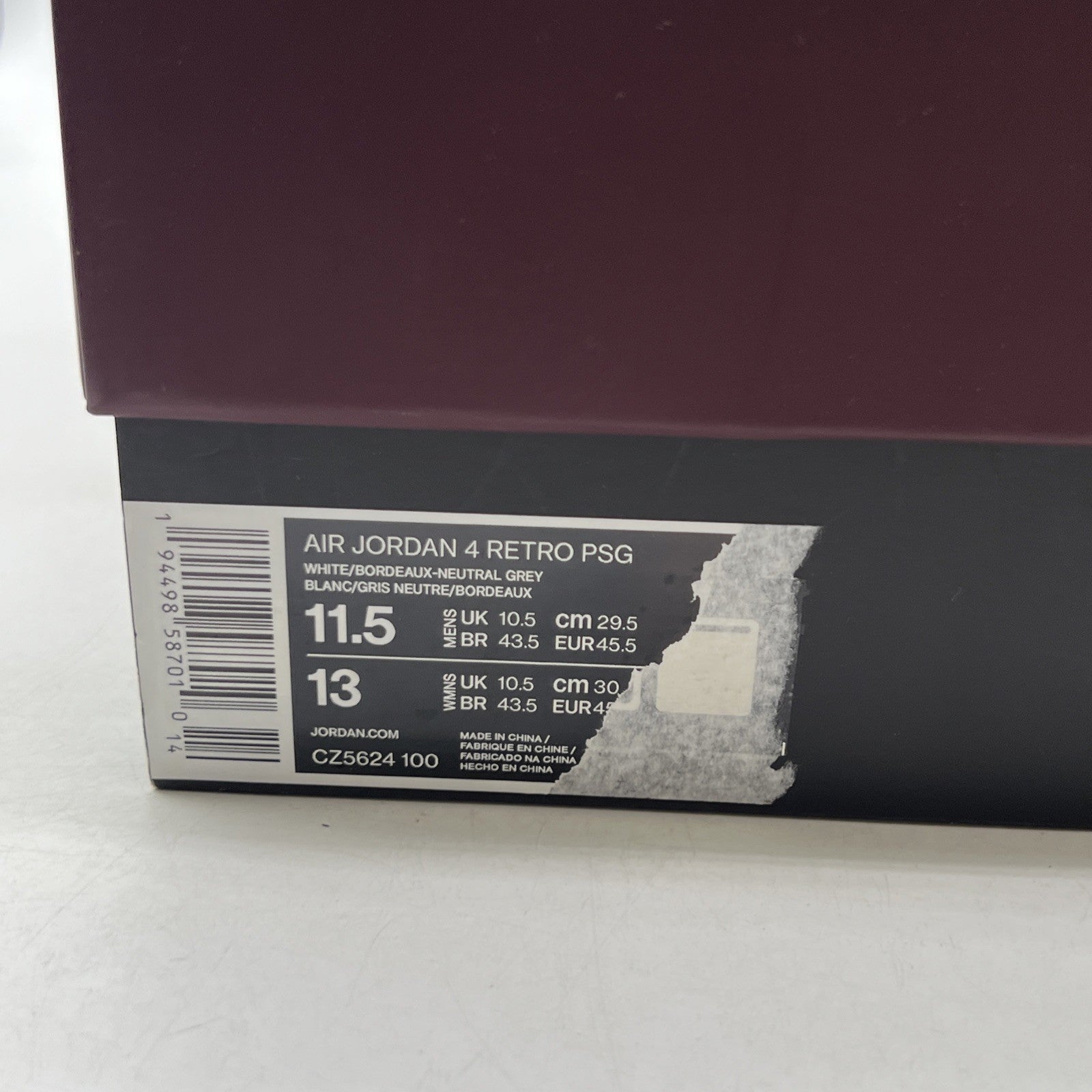 Size 11.5 - Air Jordan 4 Retro x Paris Saint-Germain Bordeaux (CZ5624-100)