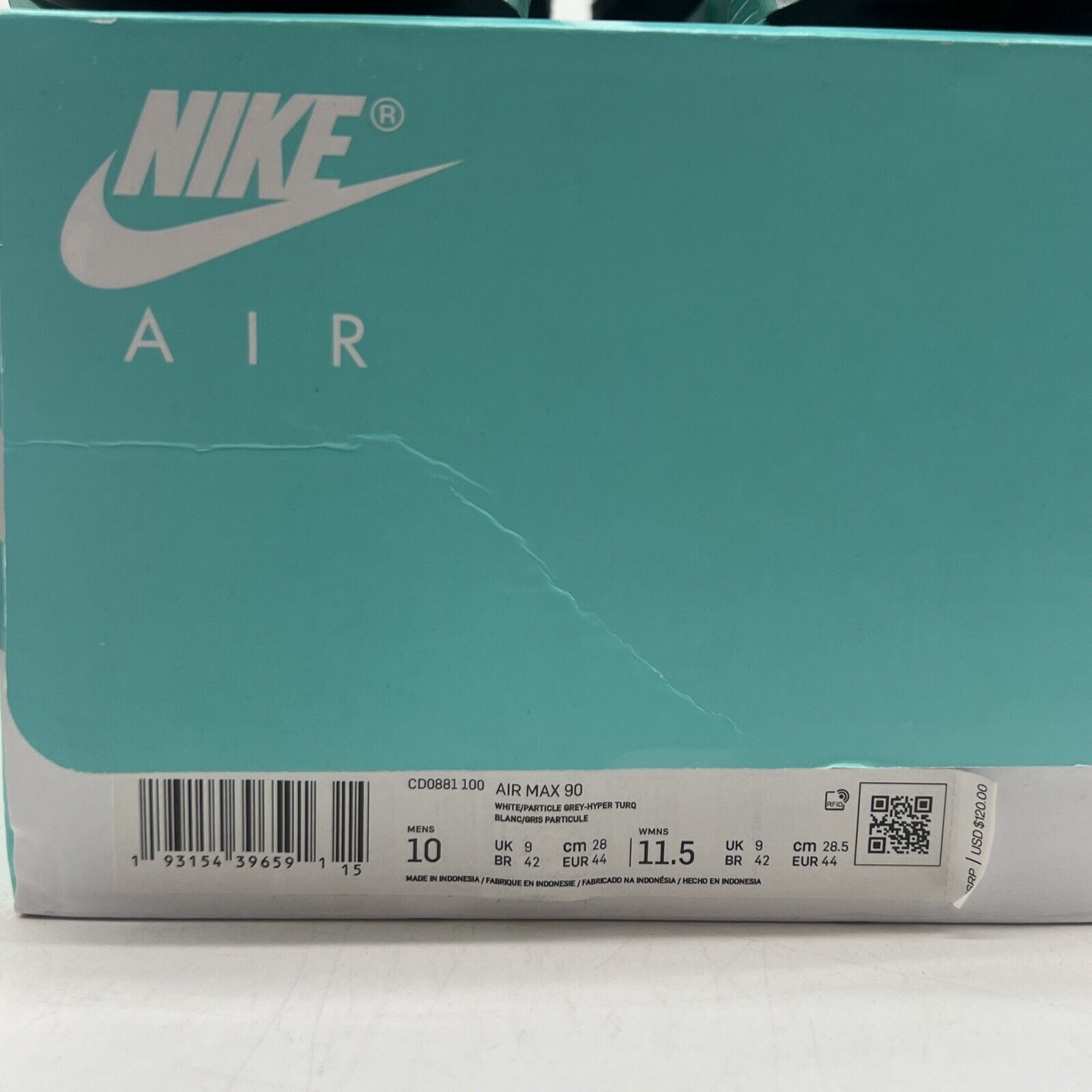 Size 10 - Nike Air Max 90 Hyper Turquoise Grey Black White (CD0881-100)