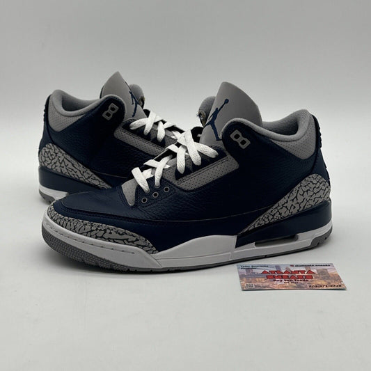 Size 9 - Jordan 3 Georgetown Navy Elephant Grey Leather Premium White Laces