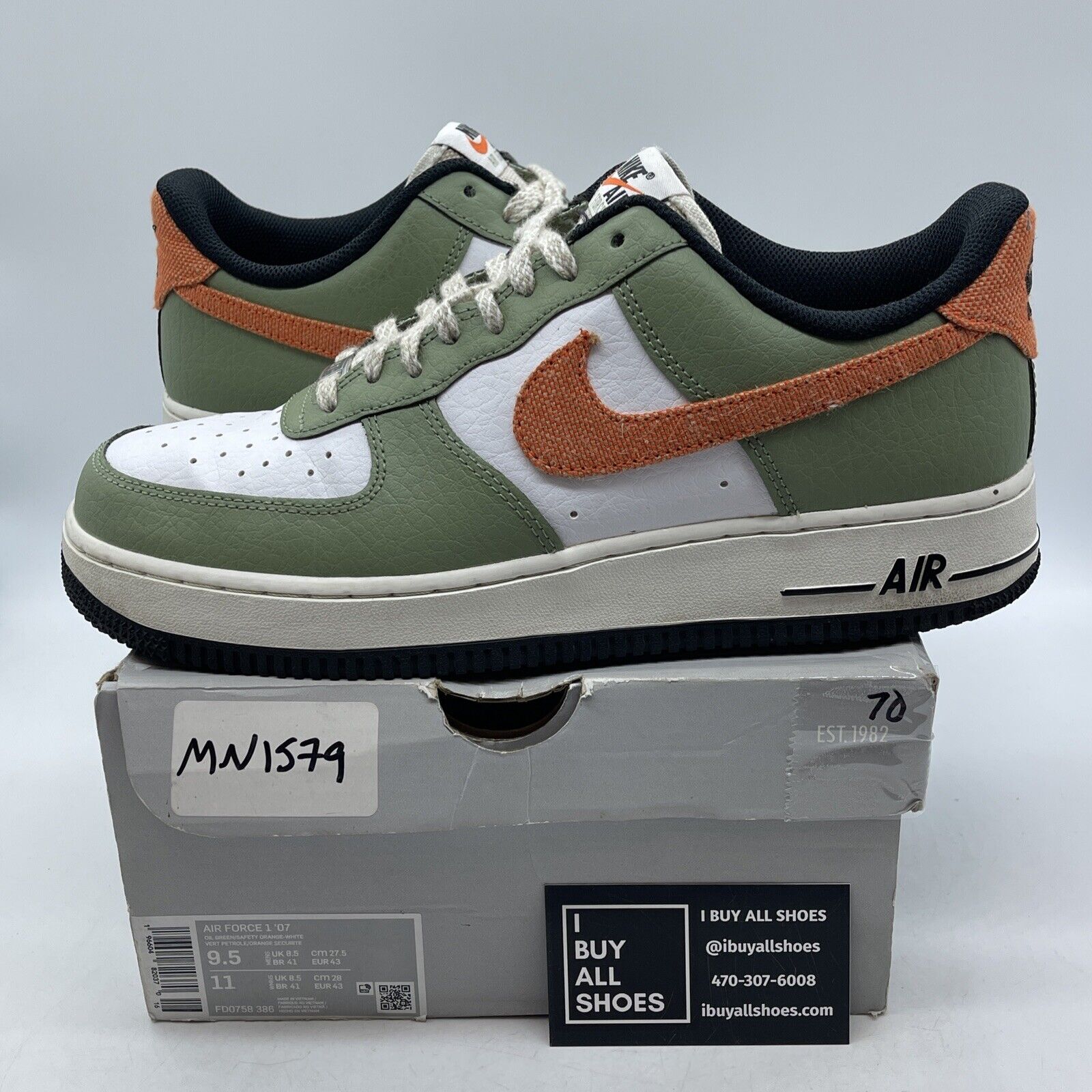Size 9.5 - Nike Air Force 1 '07 Oil Green Orange Suede Leather (FD0758-386)