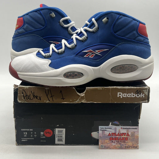 Size 13 - Reebok Question Mid Packer Shoes Blue White Red Leather (J99077)