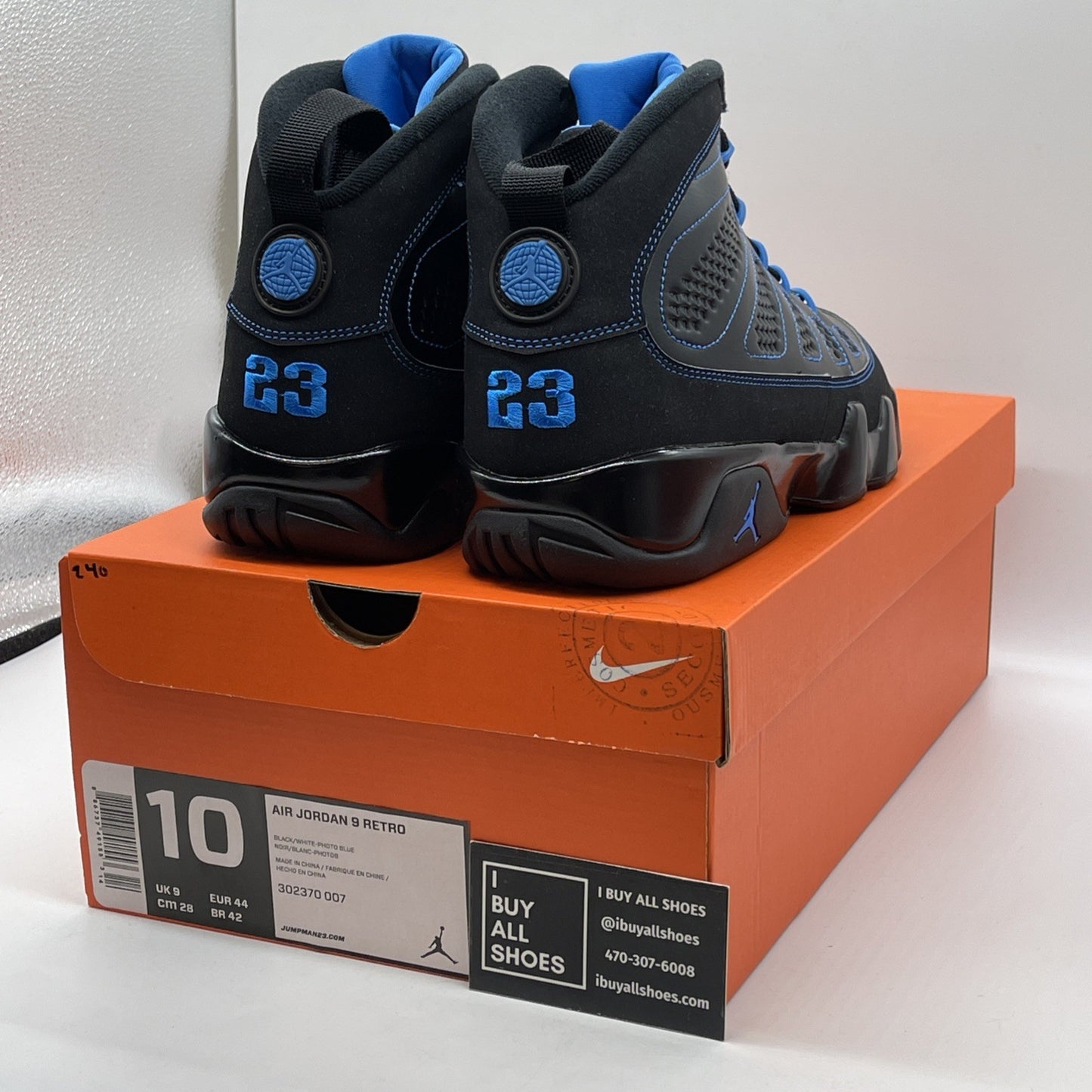 Size 10 - Air Jordan 9 Retro Photo Blue Black Leather (302370-007)
