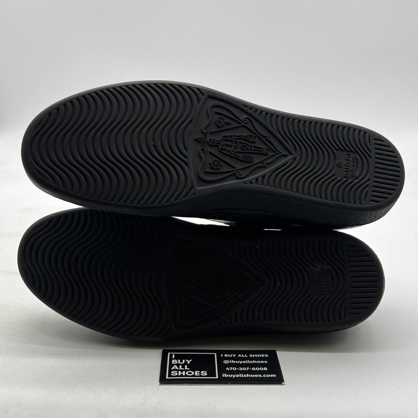Size 9G - GUCCI ACE MEN'S BLACK LEATHER LOGO EMBOSSED SNEAKERS