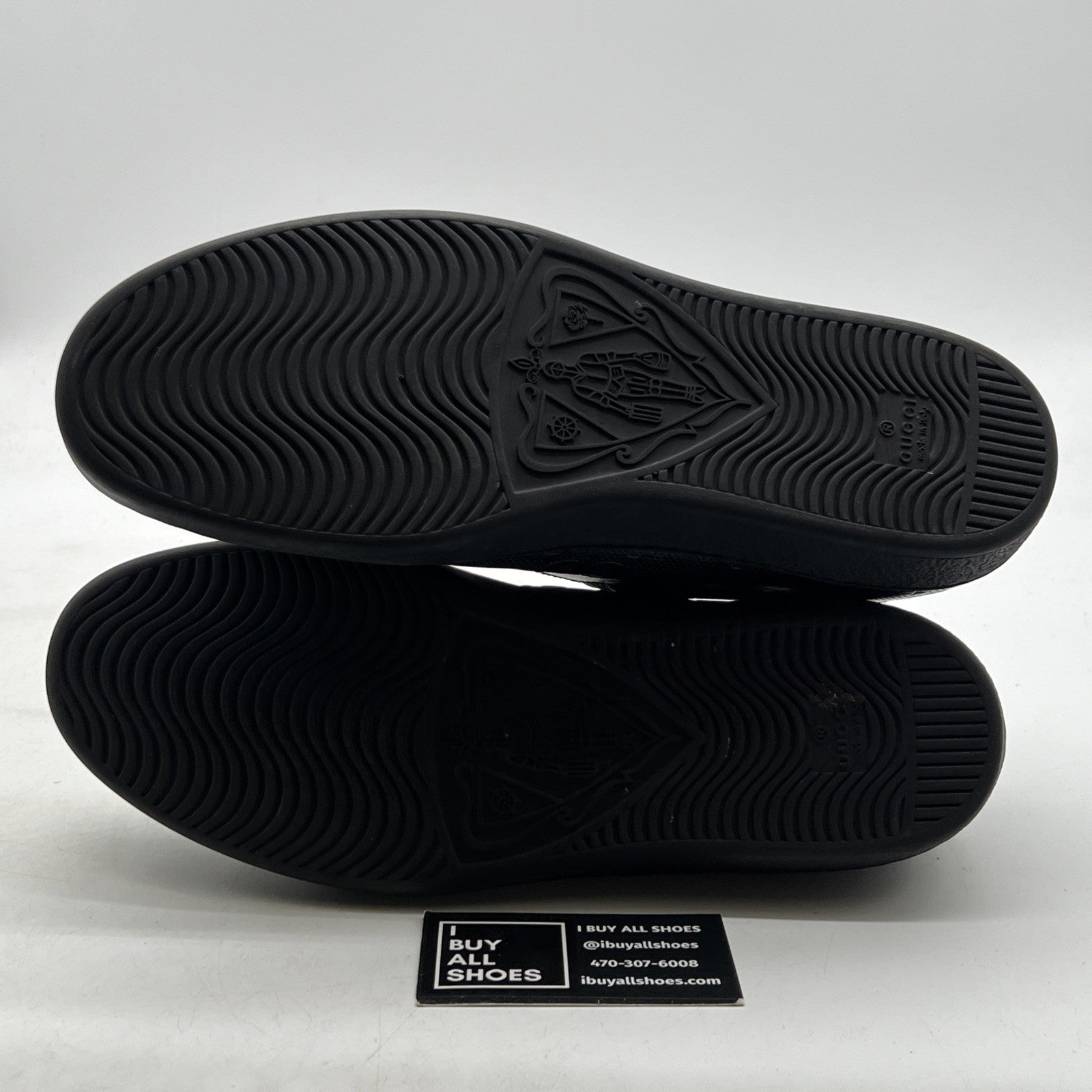 Size 9G - GUCCI ACE MEN'S BLACK LEATHER LOGO EMBOSSED SNEAKERS