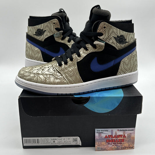 Size 9 - Jordan 1 Zoom Comfort Gold Laser 2021 Blue Black Suede Icy Soles New OG