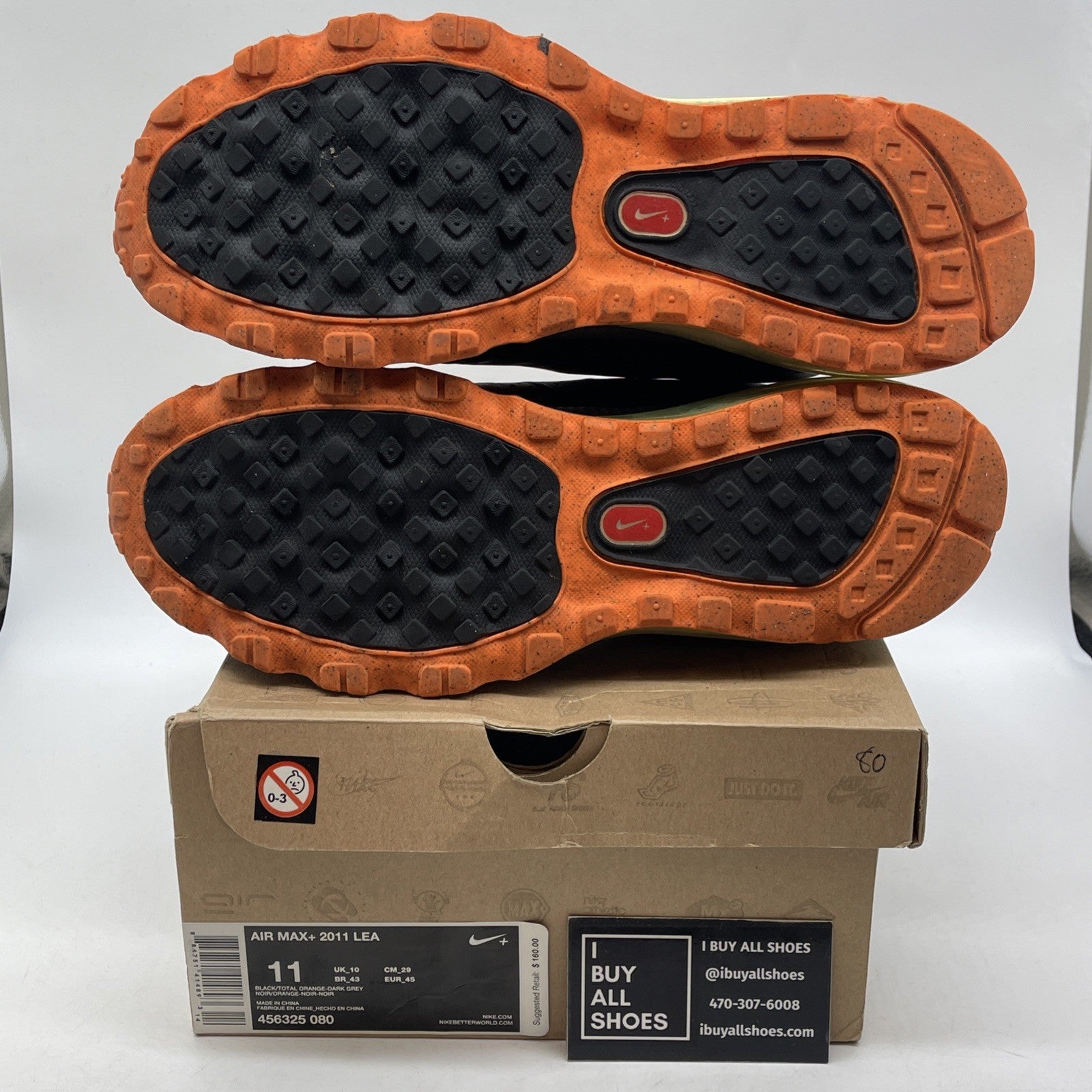 Size 11 - Nike Air Max+ 2011 Lea Black Orange Leather (456325-080)