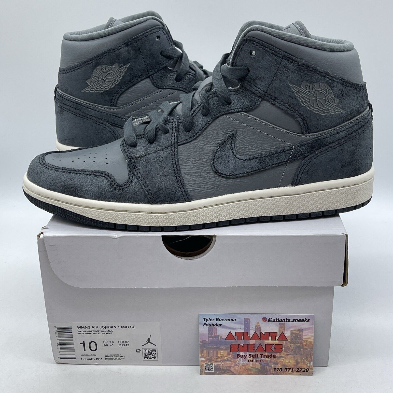 Size 10W - Air Jordan 1 mid Distressed Smoke Grey White black Suede (Fj3448-001)