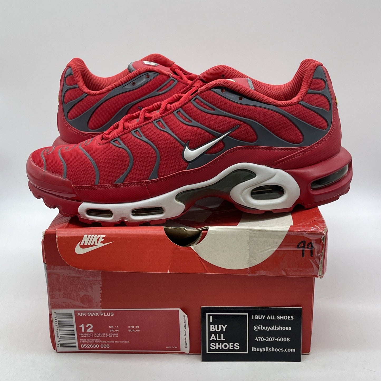 Size 12 - Nike Air Max Plus Red Pure Platinum Grey Suede Leather (852630-600)
