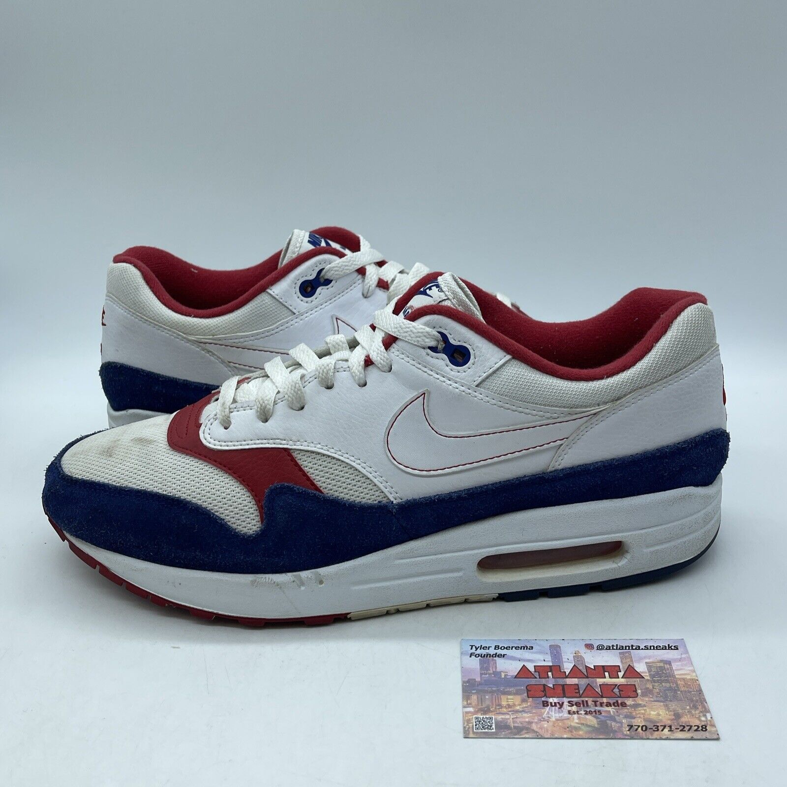 Size 12 - Nike Air Max 1 USA Red Blue Suede White Leather  (CJ9927-100)