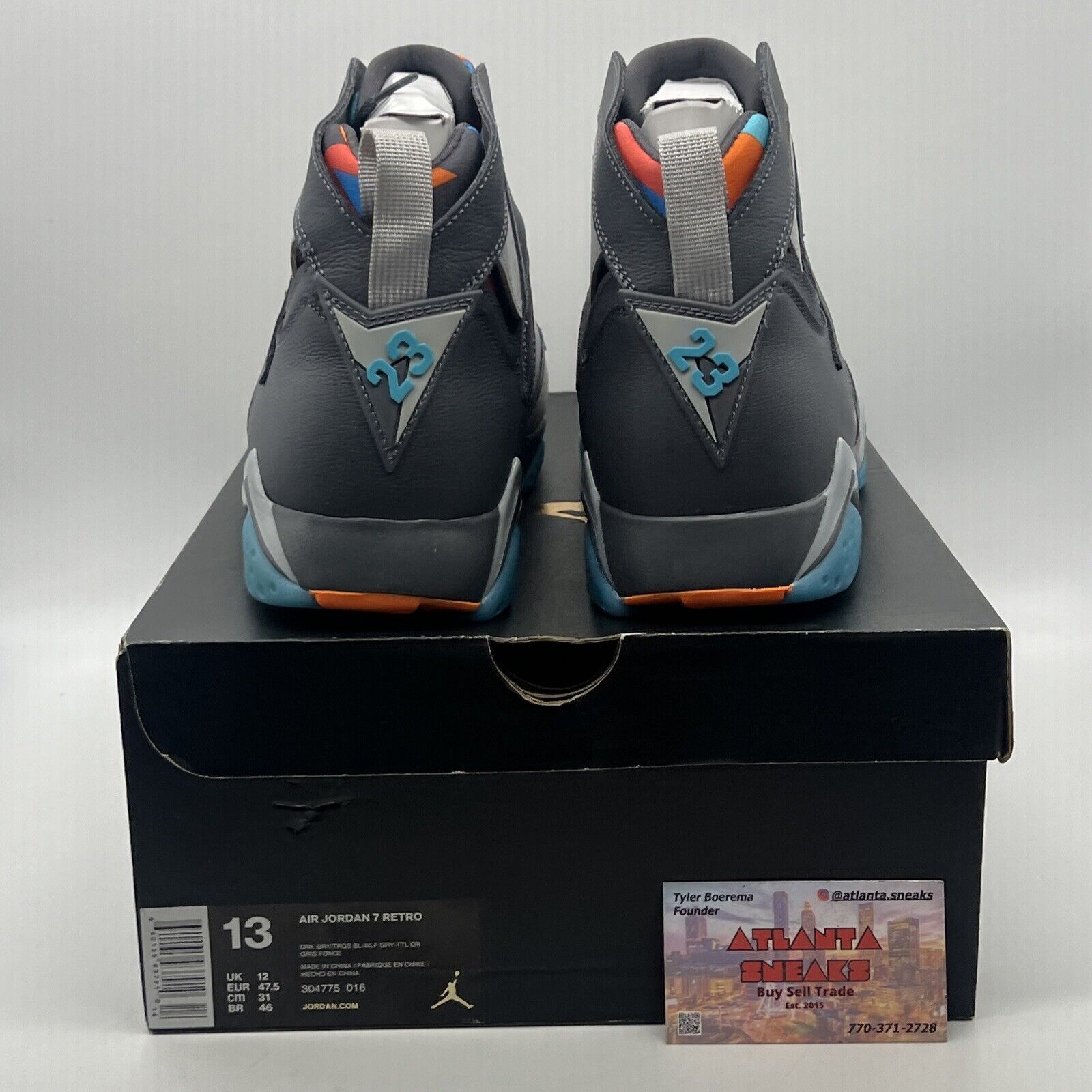 Size 13 - Air Jordan 7 Retro Barcelona Days Grey Blue Orange Suede (304775-016)