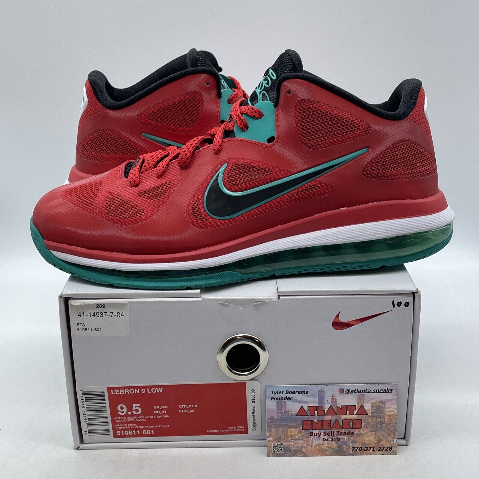 Size 9.5 - Nike LeBron 9 Low Liverpool red Green White Black (510811-601)