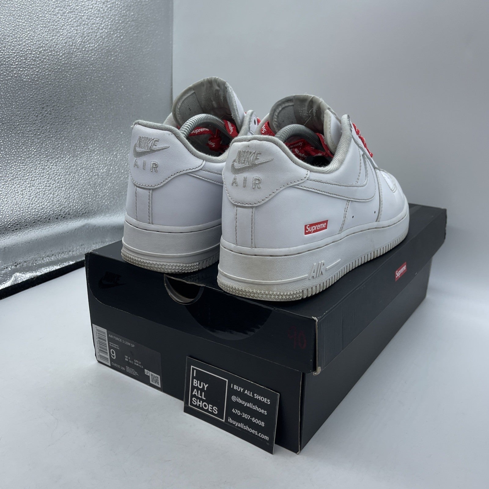 Size 9 - Nike Air Force 1 x Supreme Low Box Logo White Red Leather (CU9225-100)