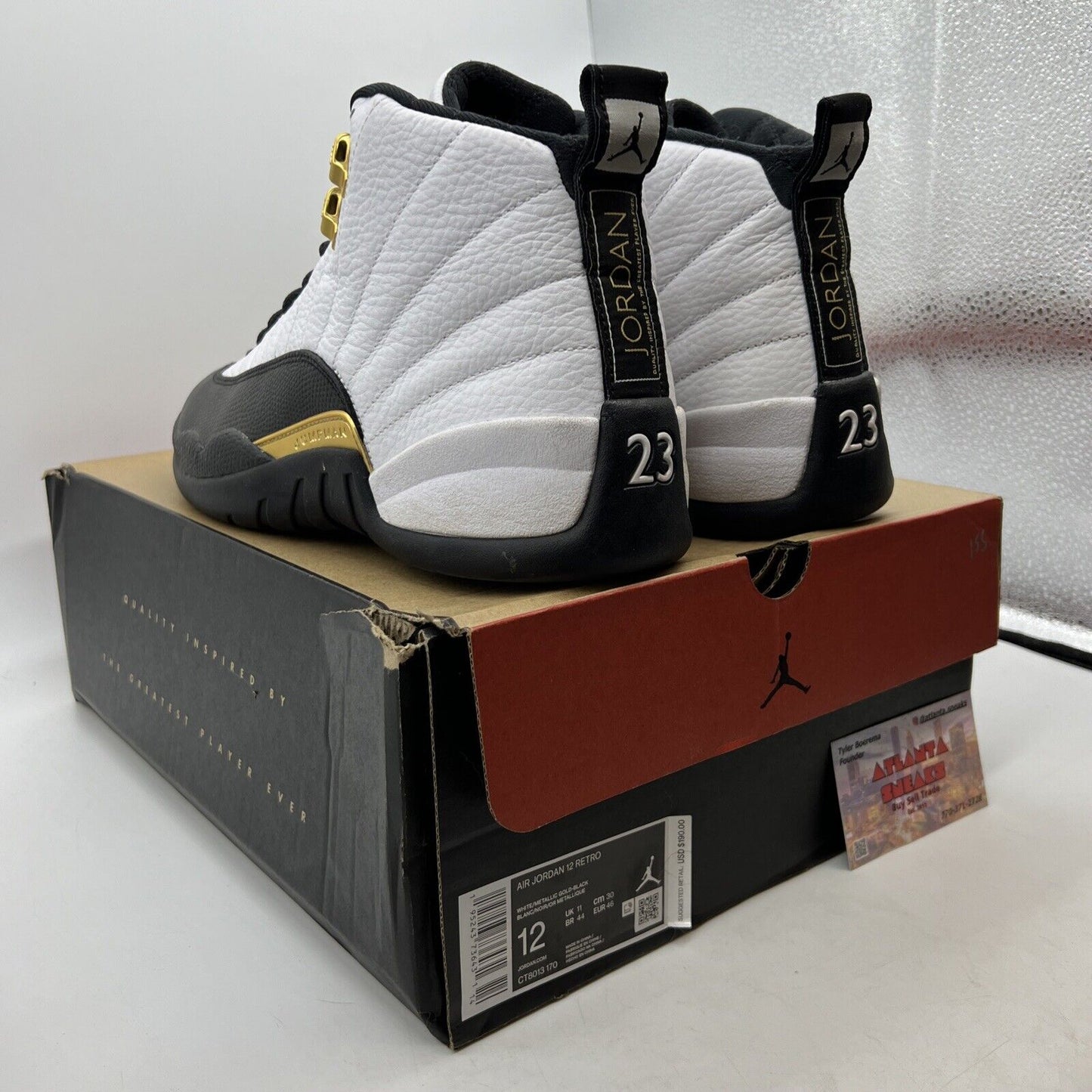 Size 12 - Jordan 12 Royalty White Black Leather Gold (CT8013-170)