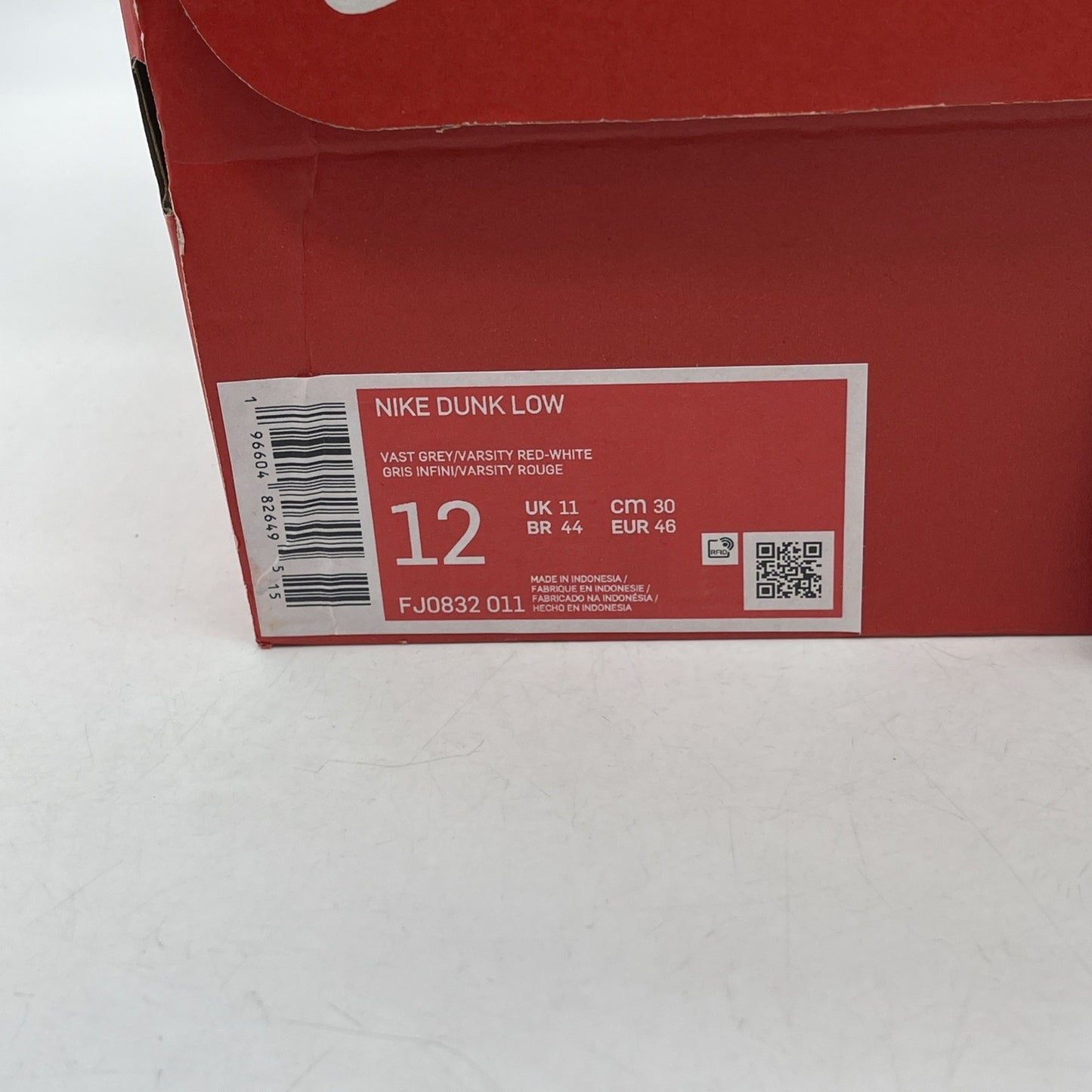 Size 12 - Dunk Low Vast Grey Varsity Red White Leather (FJ0832-011)