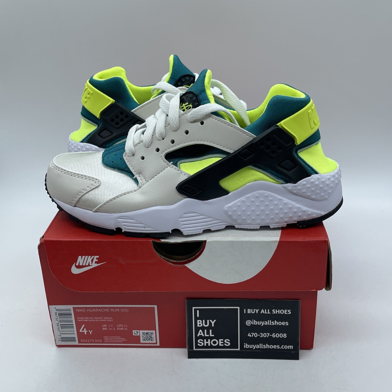 Size 4Y (GS) - Nike Huarache Run Low Bright Spruce Volt Suede (654275-045)