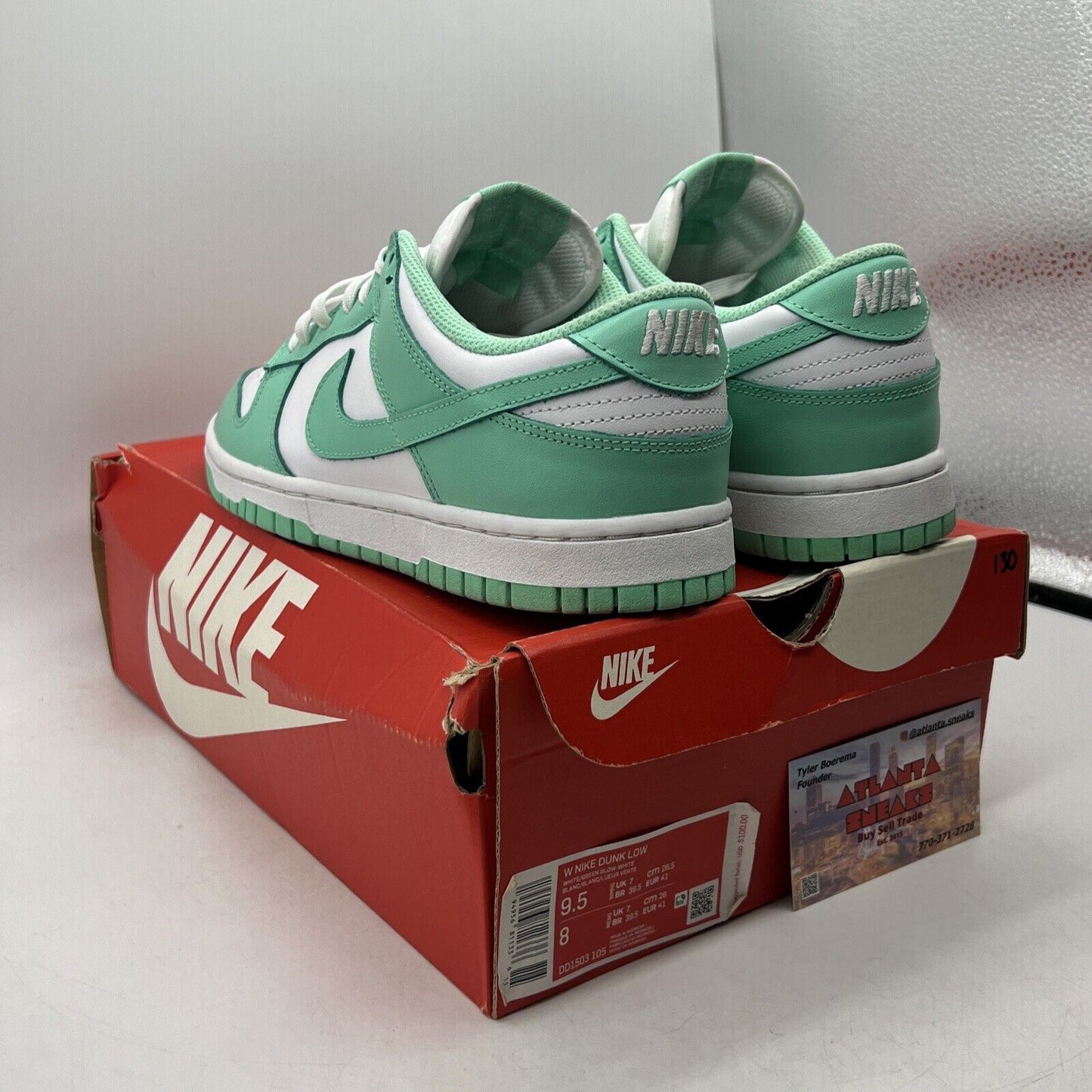 Size 9.5 - Nike Dunk Low Green Glow W White Leather Aqua