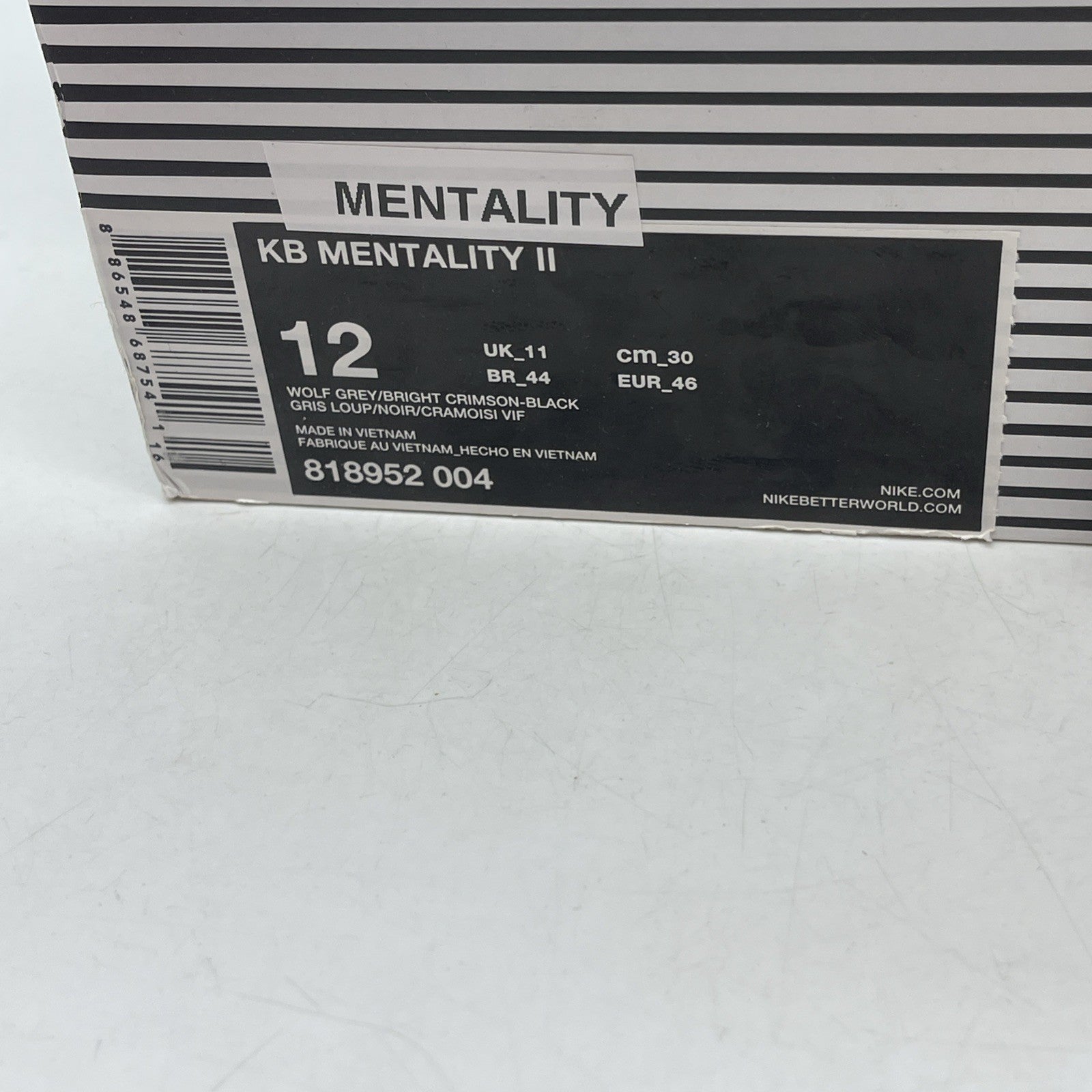 Size 12 - Nike KB Mentality 2 Wolf Grey Bright Crimson (818952-004)