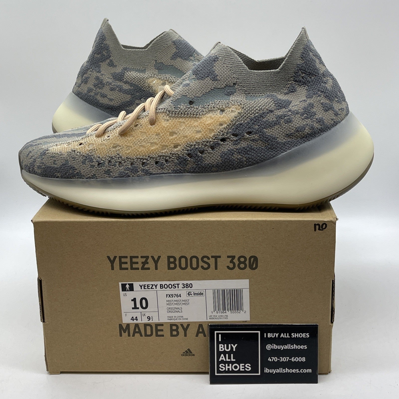 Size 10 - adidas Yeezy Boost 380 Mist Non-Reflective Blue Tan Suede (FX9764)