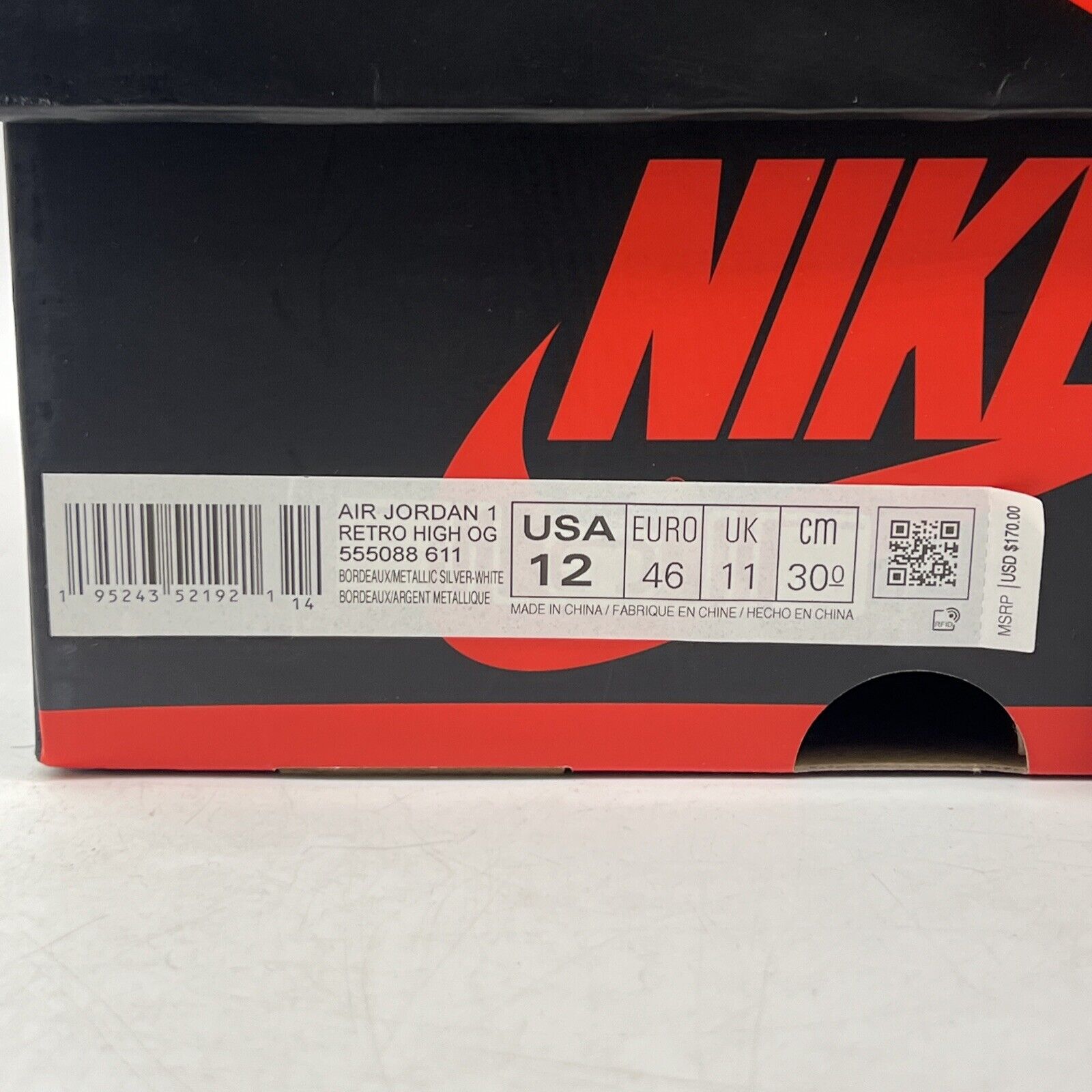 Size 12 - Jordan 1 Retro High OG Bordeaux White Silver Leather (555088-611)