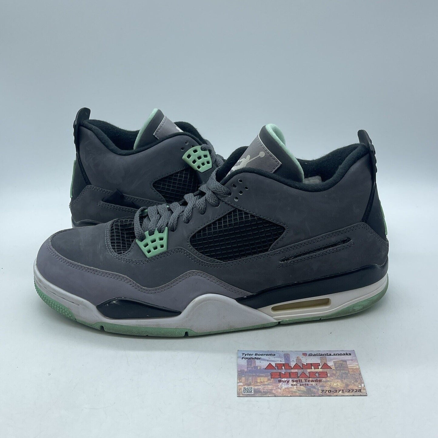 Size 11 - Jordan 4 Retro Green Glow Grey Suede Black White Leather (308497-033)