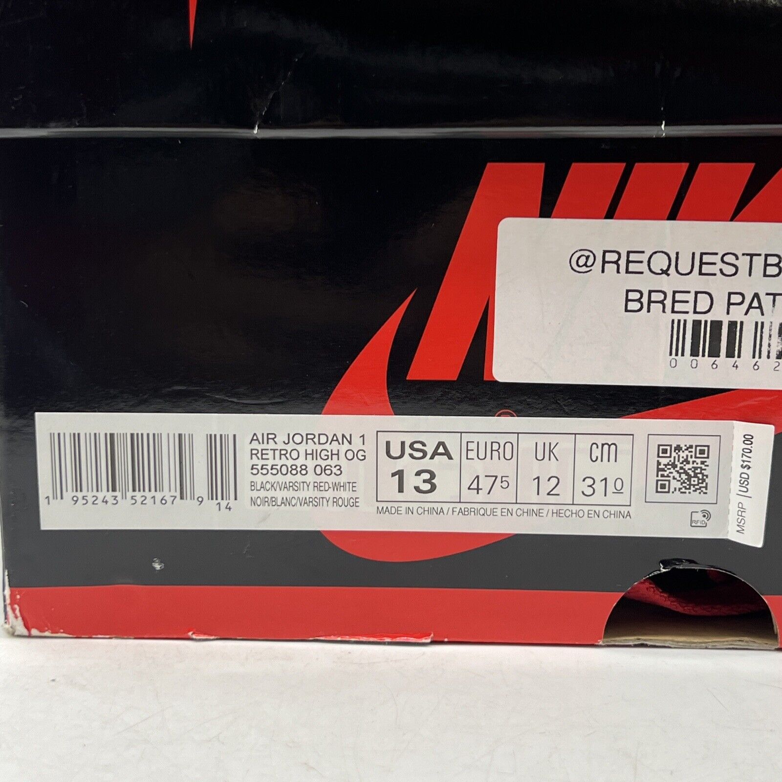 Size 13 - Jordan 1 Retro OG High Patent Bred Black Red White (555088-063)