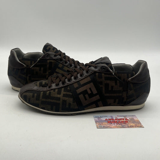 Size 10 -Fendi Zucca Pattern FF Logo Sneakers Shoes Canvas Leather Brown (16220)