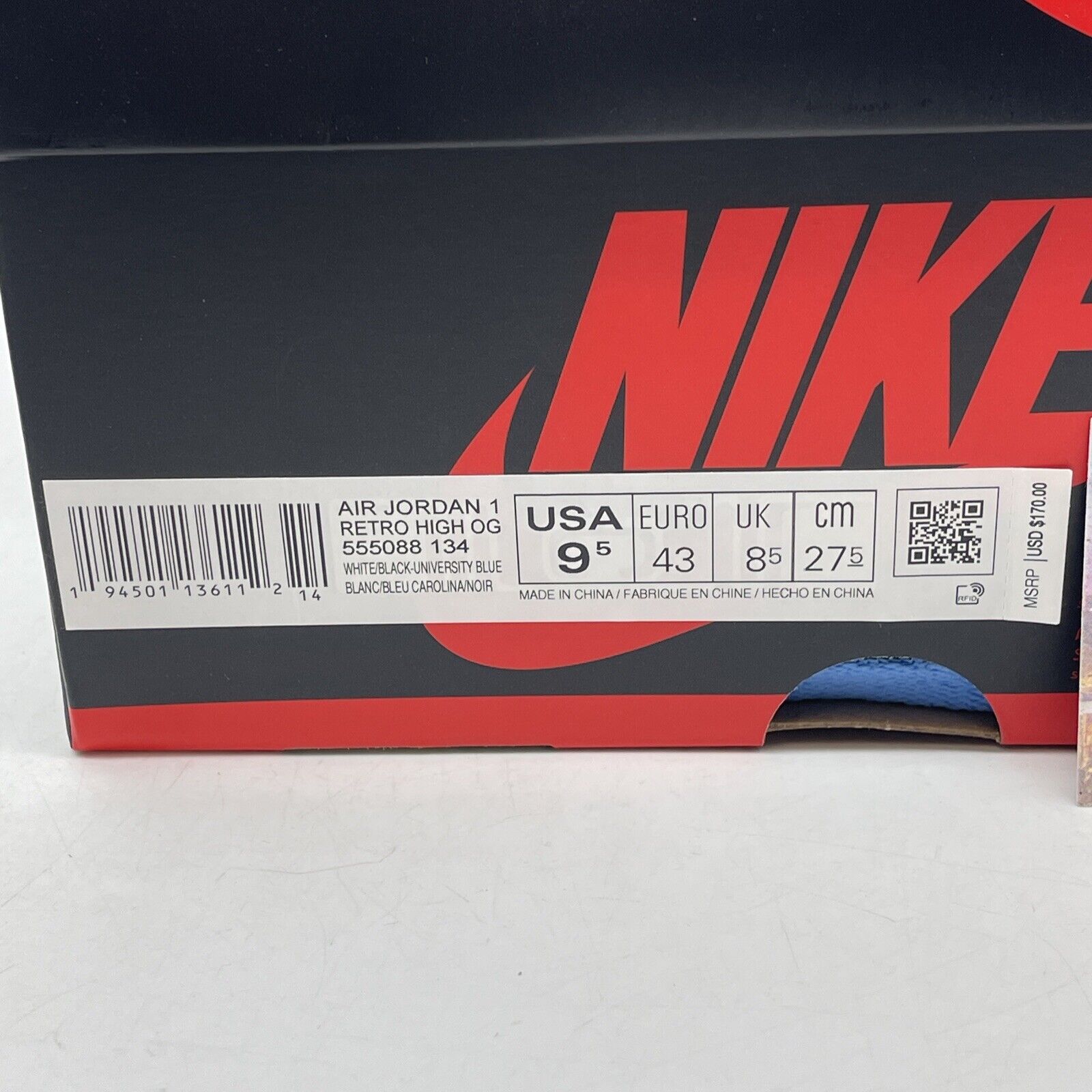 Size 9.5 - Jordan 1 Retro OG High University Blue White Black (555088-134)