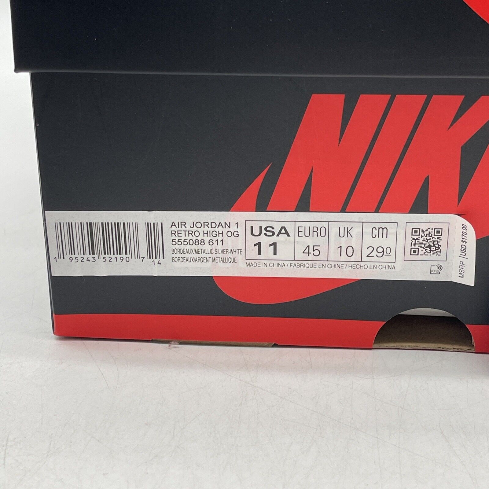Size 11 - Jordan 1 Retro High OG Bordeaux White Silver Burgundy (555088-611)