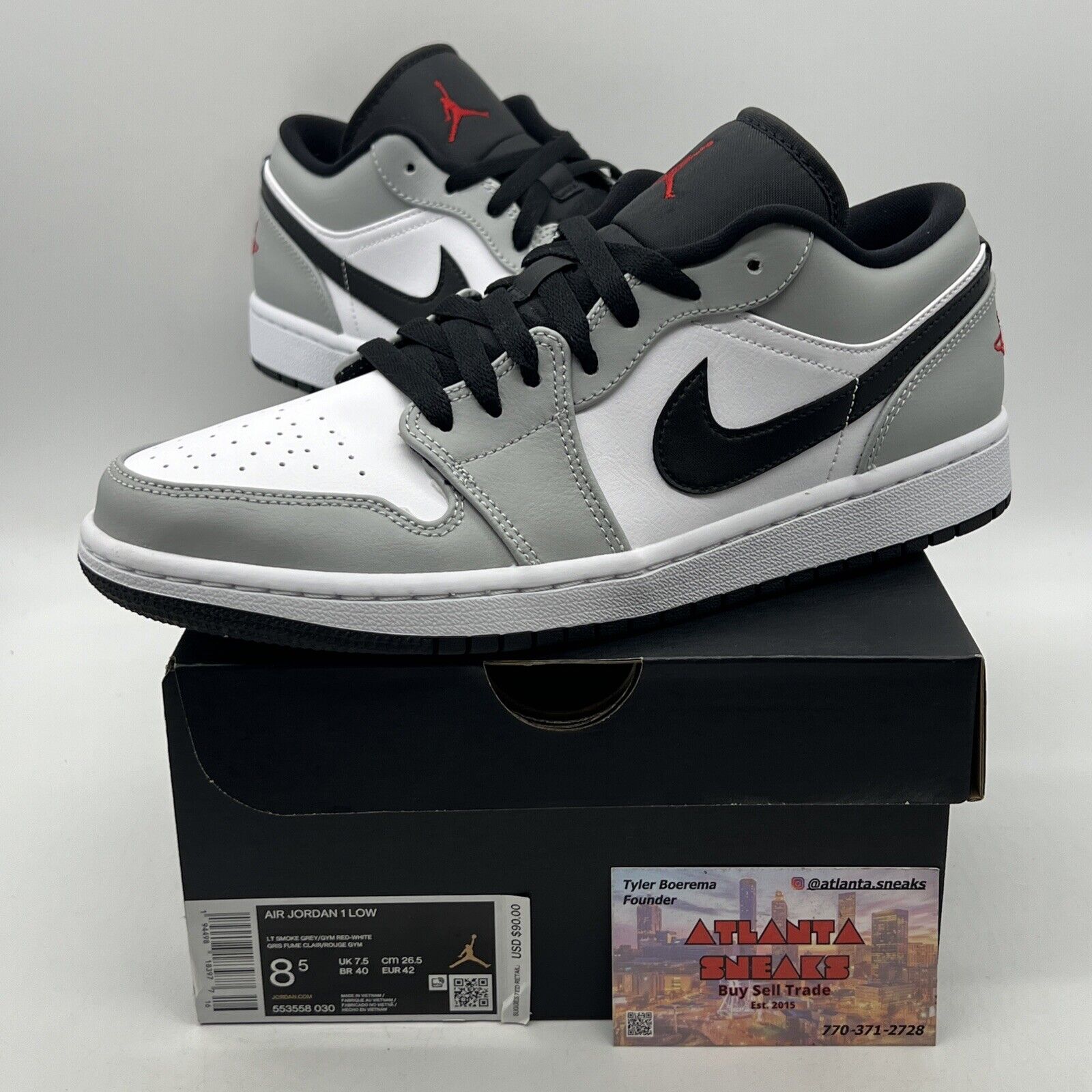 Size 8.5 - Air Jordan 1 Low Light Smoke Grey Black Leather White (553558-030)