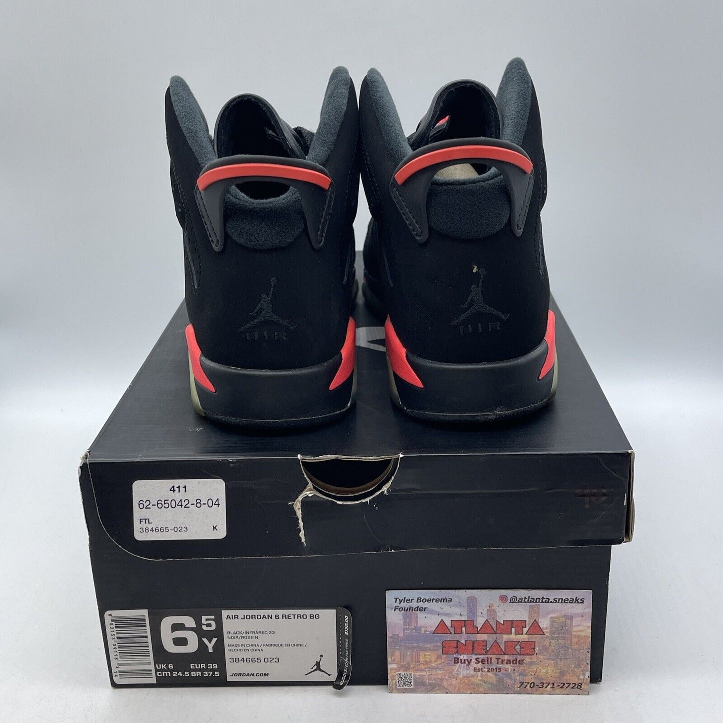 Size 6.5 (GS) - Jordan 6 Retro 2014 Infrared Black Suede Leather (384665-023)