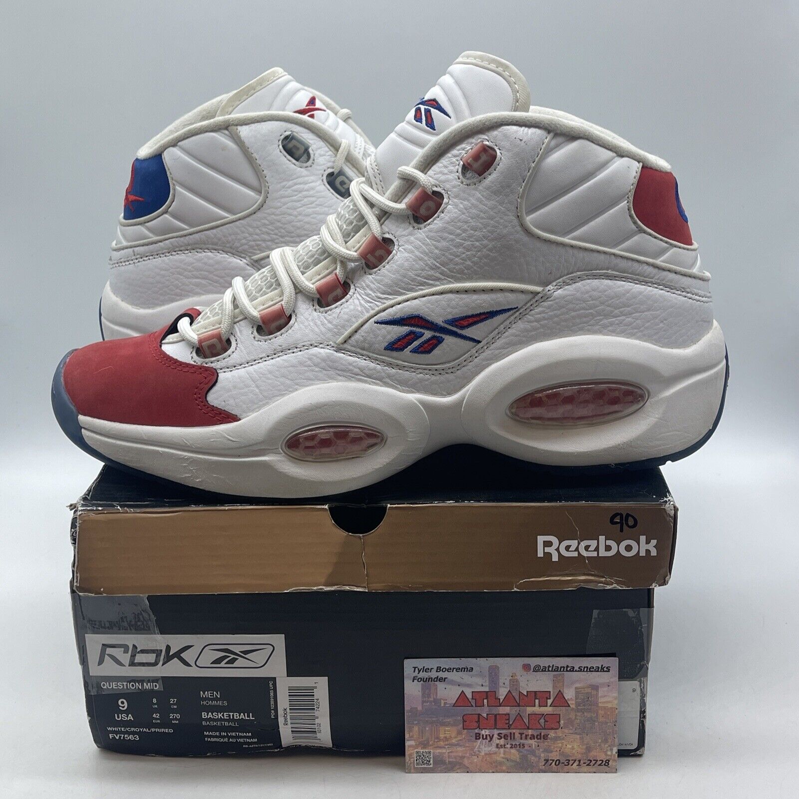 Size 9 - Reebok Question Mid Double Cross red Blue Leather Suede (FV7563)