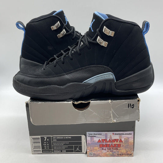 Size 7Y - Nike Air Jordan 12 Retro Nubuck Black Blue Suede Leather (153265-018)