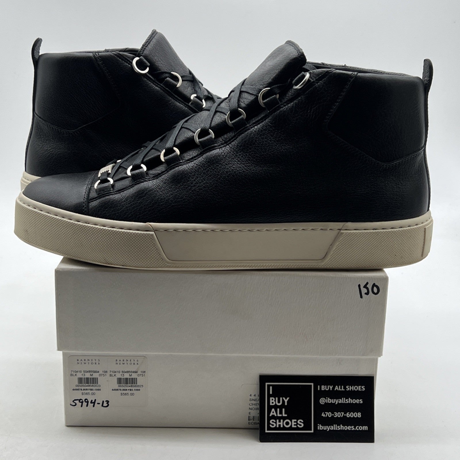 Size 46 - Balenciaga Black Leather Chevre Hamilton Hi-Top Sneaker