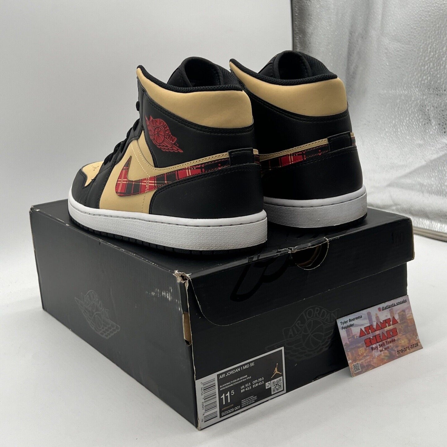 Size 11.5 - Jordan 1 Mid SE Tartan Swoosh Red Tan Leather Black (DZ5329-001)