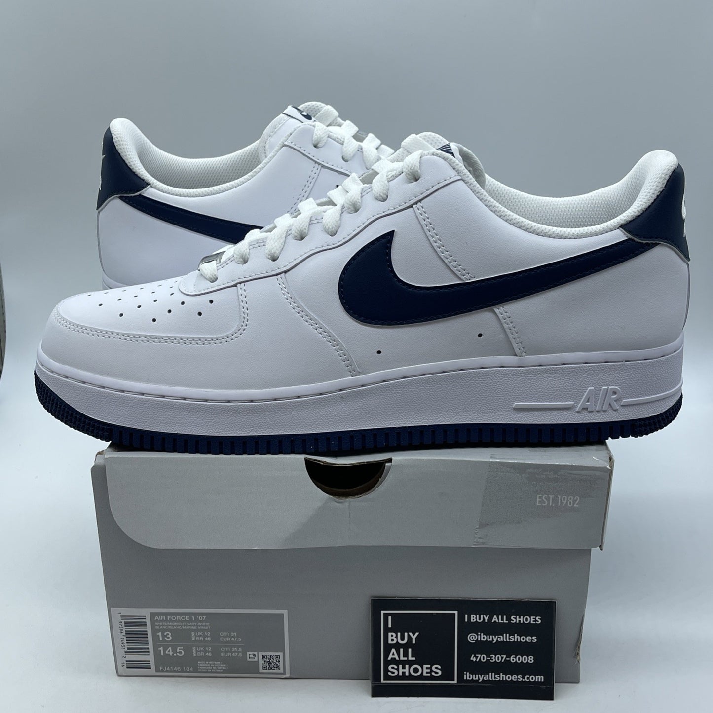 Size 13 -Nike Air Force 1 '07 Low White Midnight Navy Leather (FJ4146-104)
