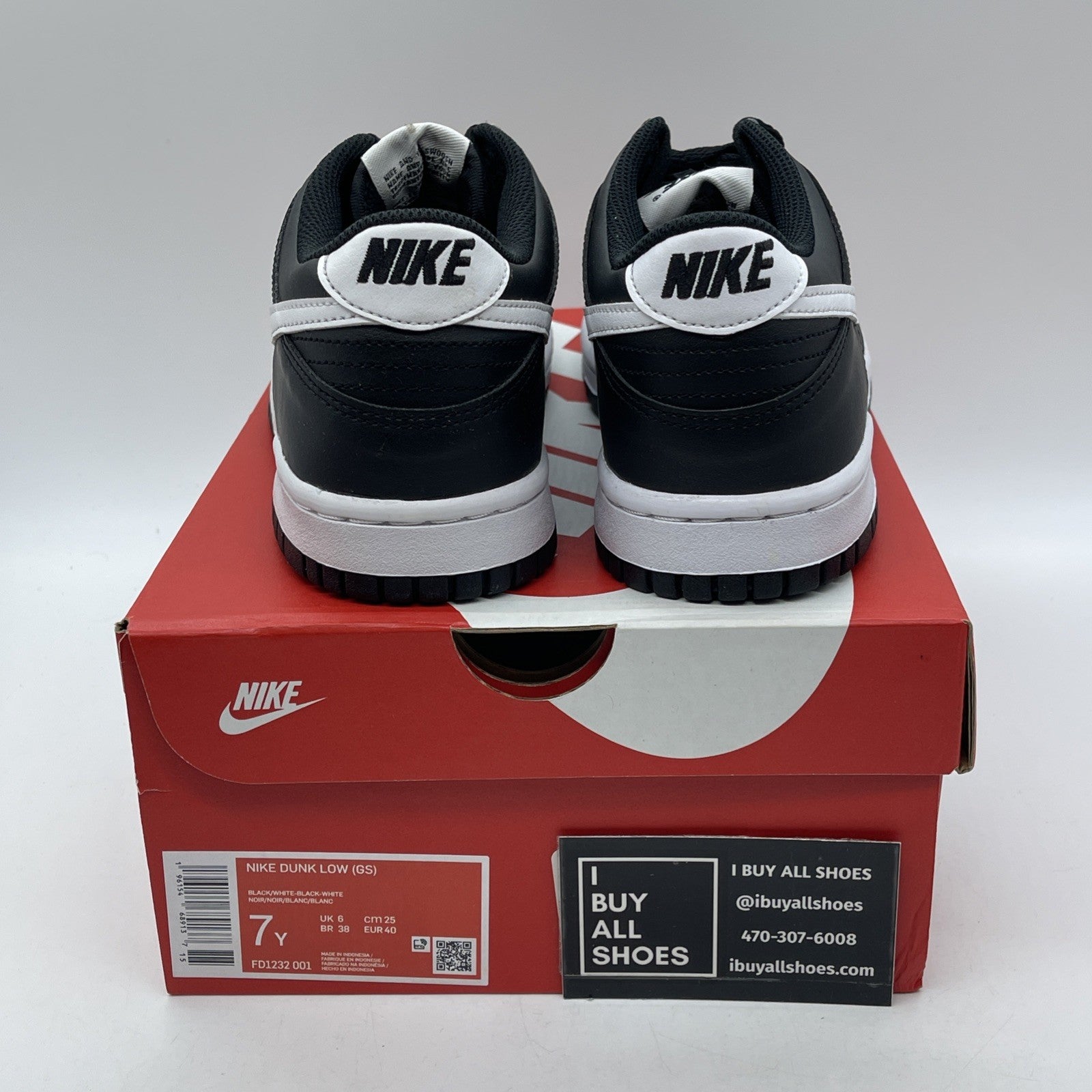 Size 7Y - Nike Dunk Low Black Panda 2.0 White Leather (FD1232-001)